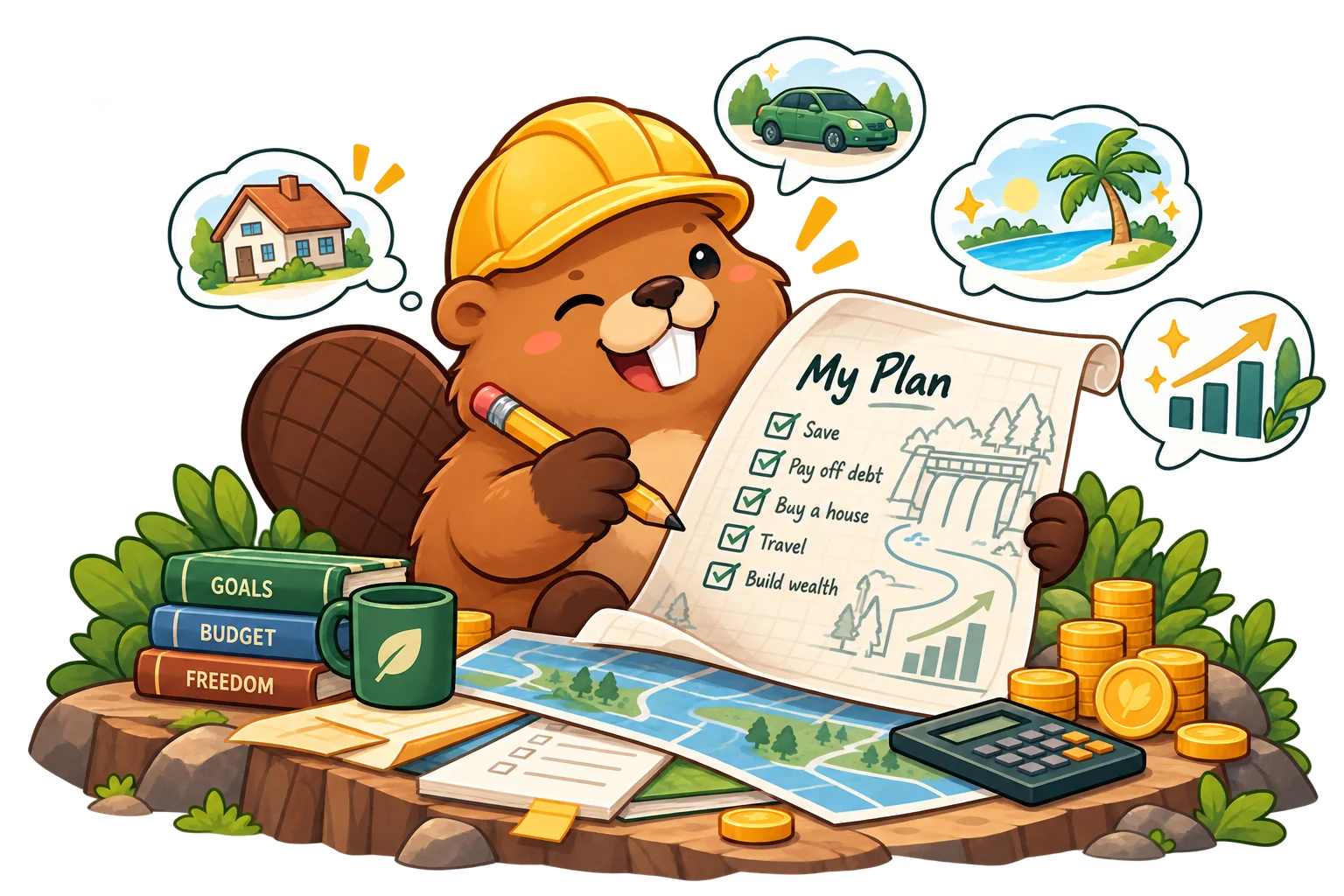Dam writing a money plan: save, pay off debt, buy a house, travel, and build wealth